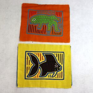 Vintage Kuna Mola Animal Textile Panels Pair Folk Art